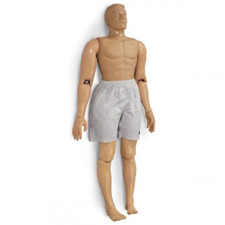 The Rugged Rescue Randy, a lifelike CPR training mannequin from the brand Rescue Randy, is known for its durability and stands upright wearing gray shorts, ready to support rigorous training exercises.