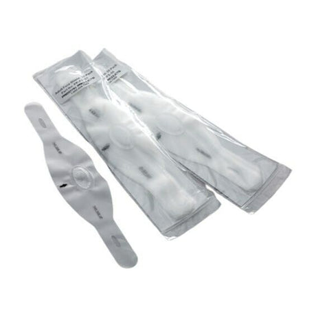Two packaged, white plastic nose bridge supports and one unpackaged on a plain background, providing an additional layer of protection for use with the Prestan Professional Adult CPR-AED Training Manikin Face Shields (Package of 50). The supports are latex-free.