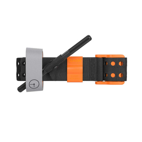 The SAM XT Extremity Tourniquet Hi-Viz Orange by SAM Medical, featuring a sleek black and gray design with an orange buckle and rod, is crafted for rapid application and weather resistance. It is pictured lying flat on a white background.
