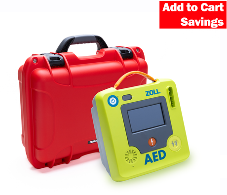 The ZOLL AED 3 (Copy) Grab & Go Bundle, by ZOLL, features CPR feedback, a red carrying case, and displays an "Add to Cart Savings" banner in the corner.