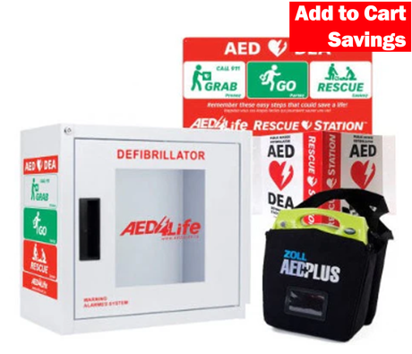 ZOLL AED Plus - Complete Package wall cabinet with emergency signs and a black ZOLL AED featuring Real CPR Help; “Add to Cart Savings” highlighted in red.