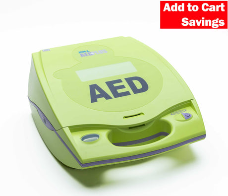 The ZOLL AED Plus by ZOLL is a green device with "AED" on its cover, featuring Real CPR Help technology. A red box displays "Add to Cart Savings" in the corner.
