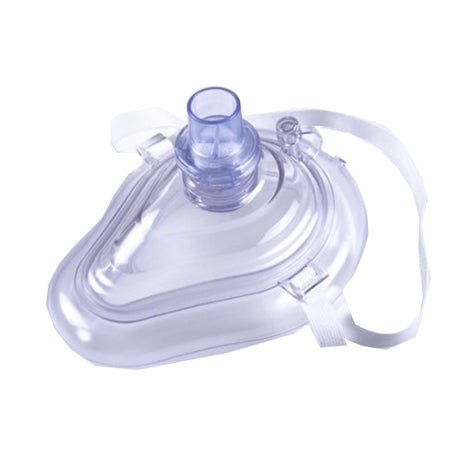 The CPR Pocket-Style Mask in Poly Bag - Case of 25 by AED Shop features a clear, latex-free design with a white strap and a cylindrical connector top.