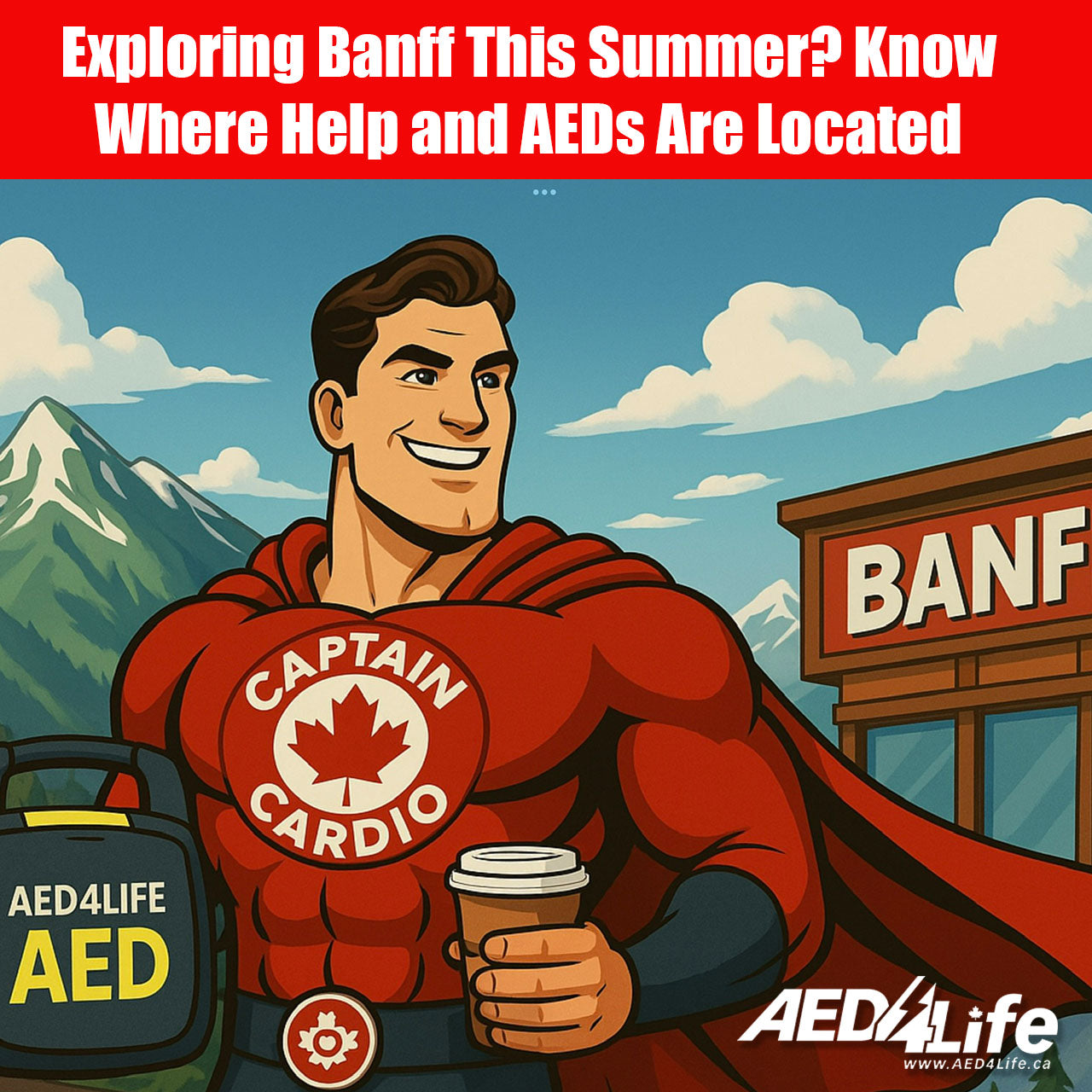 Super Hero In Banff Holding An AED