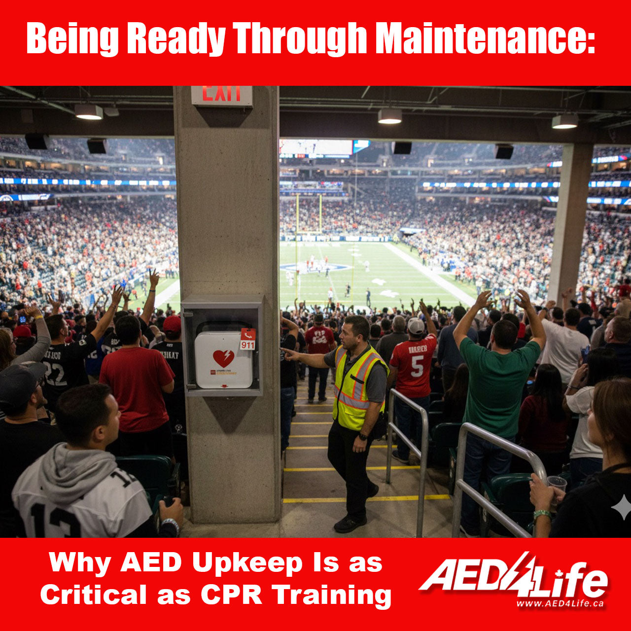 Stadium and Worker is checking STRYKER AED UNIT