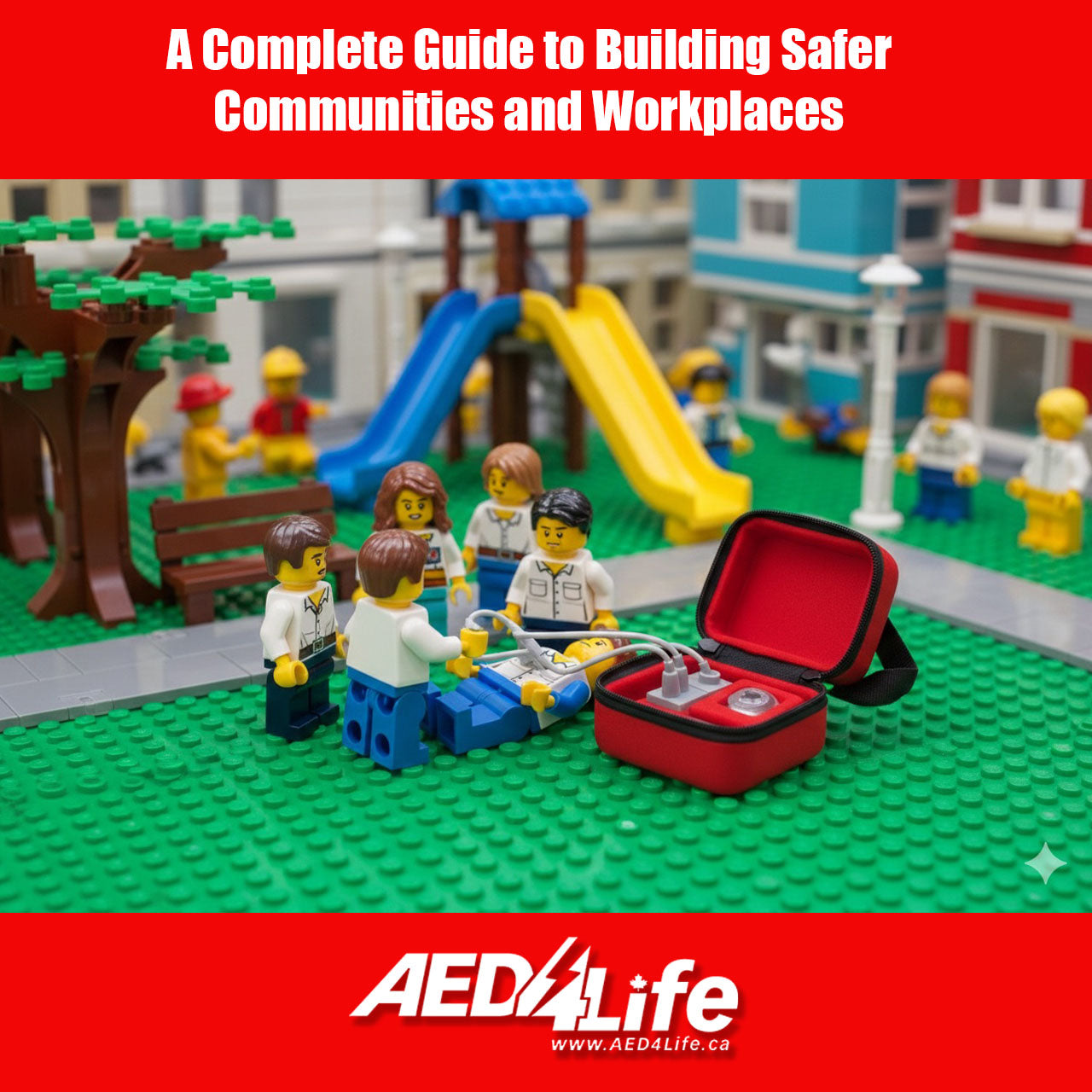 Lego People in a park using a Lego AED