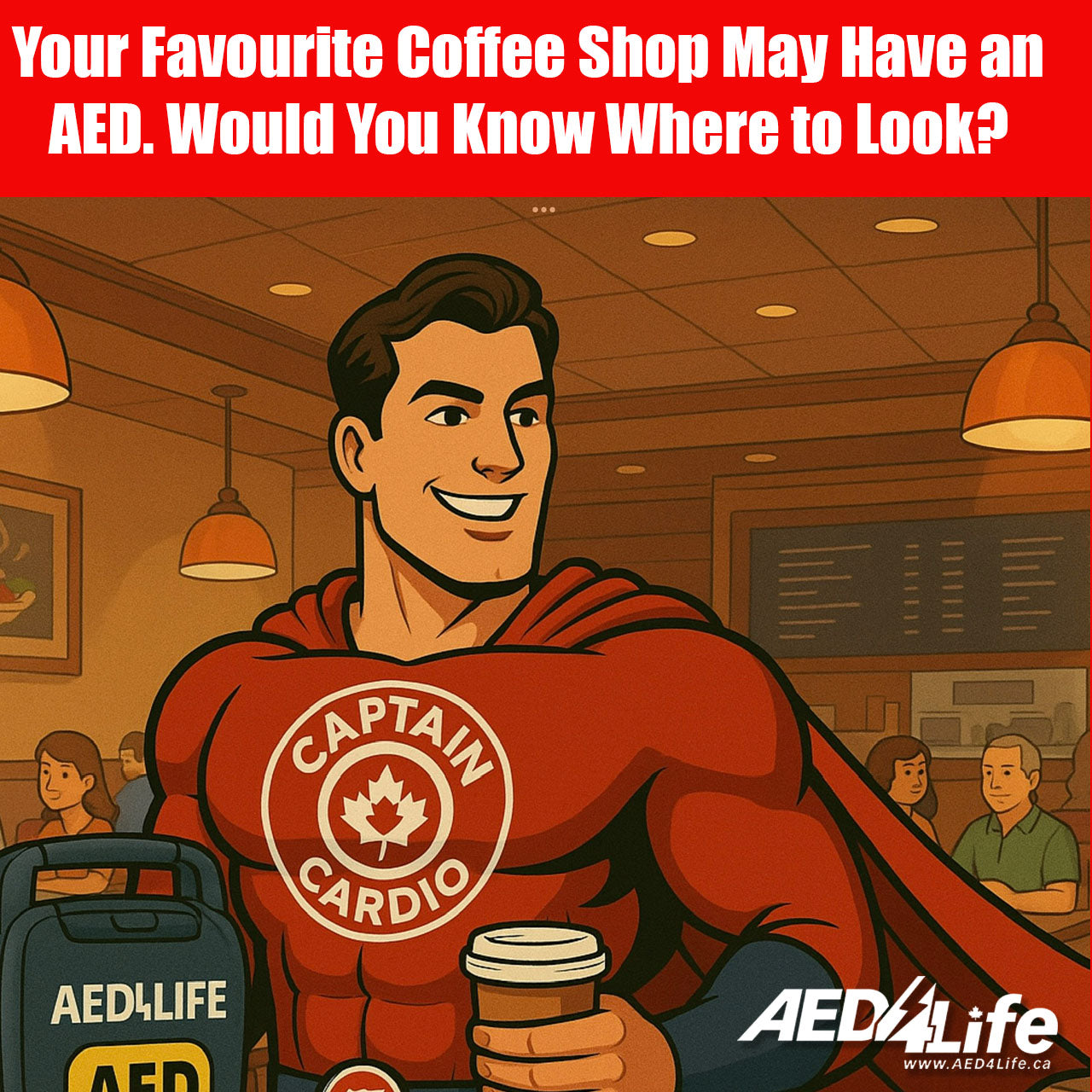 Super Hero In a Coffee Shop Holding An AED