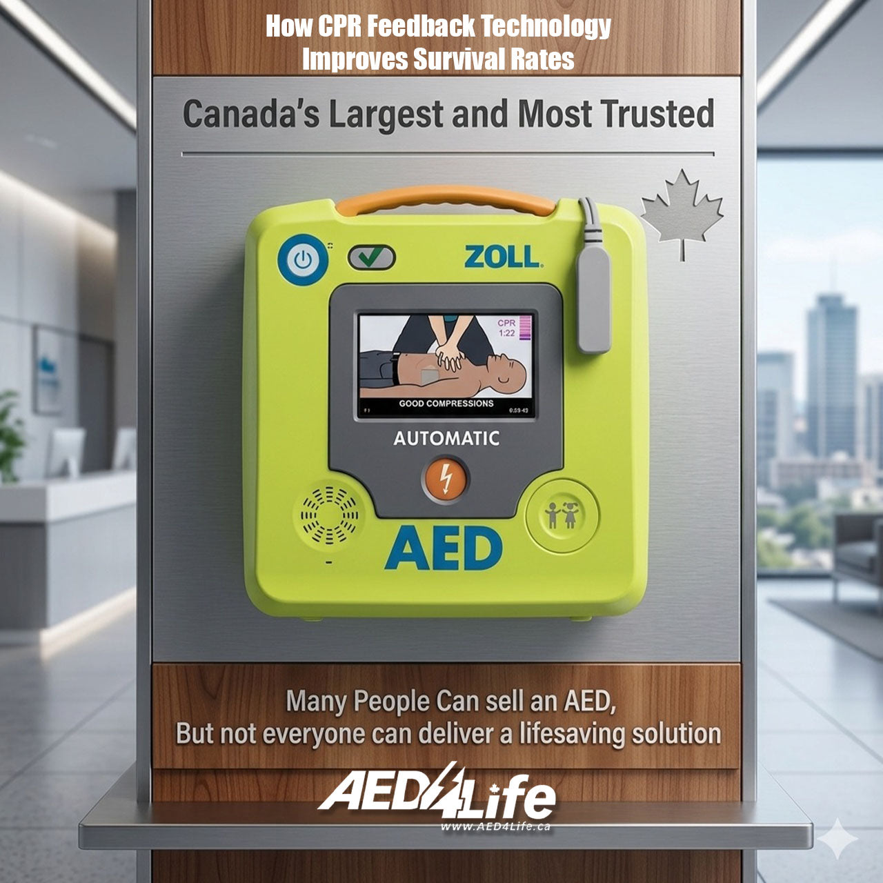 ZOLL AED 3 hanging on a wall in an office