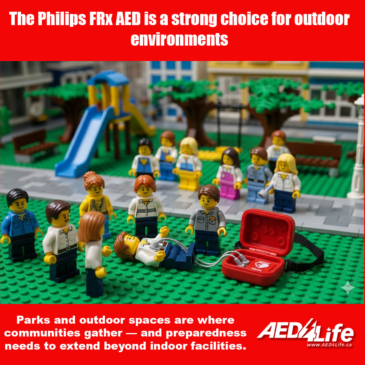Lego People in a park using an AED