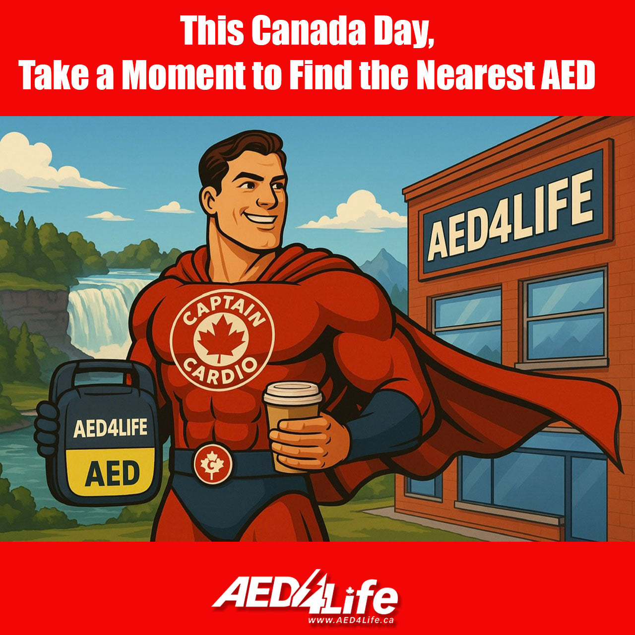 Superhero In Front Of Niagara Falls Holding An AED