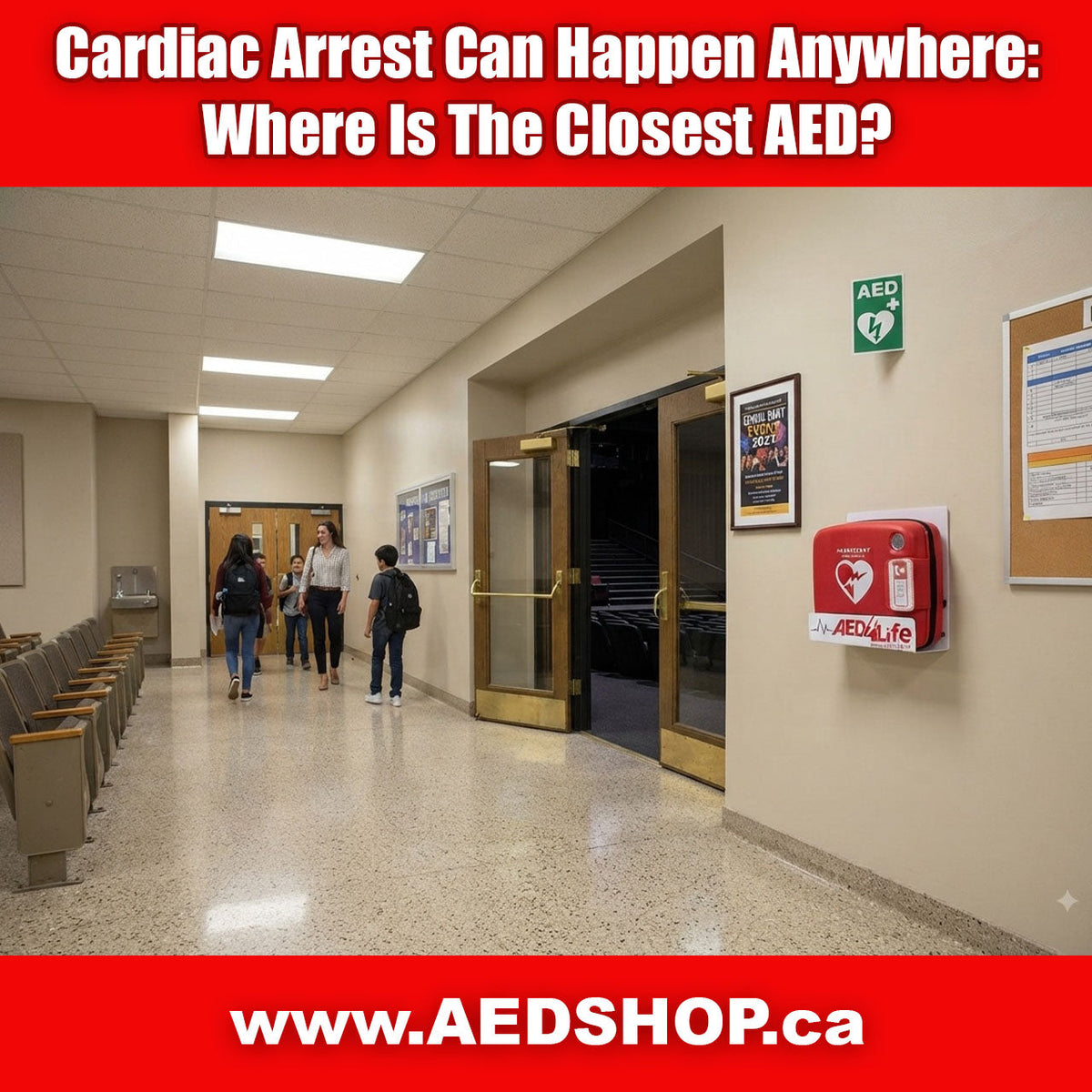 PHILIPS AED outside a school auditorium