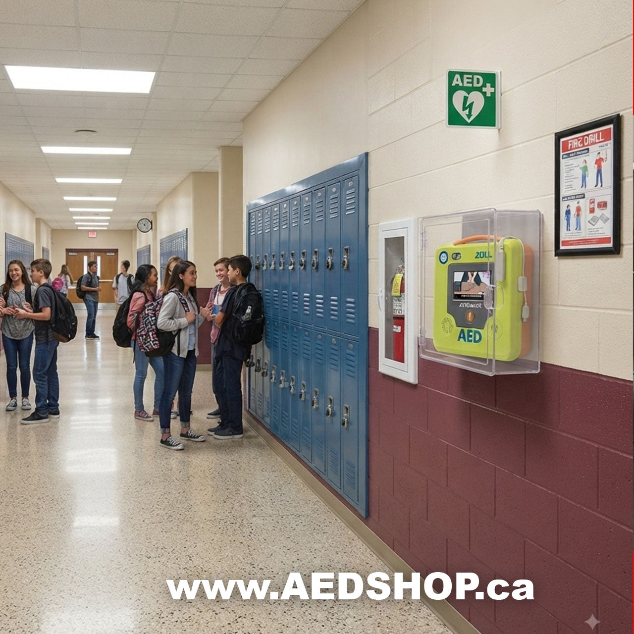 ZOLL AED 3 In a Hallway at a school near lockers