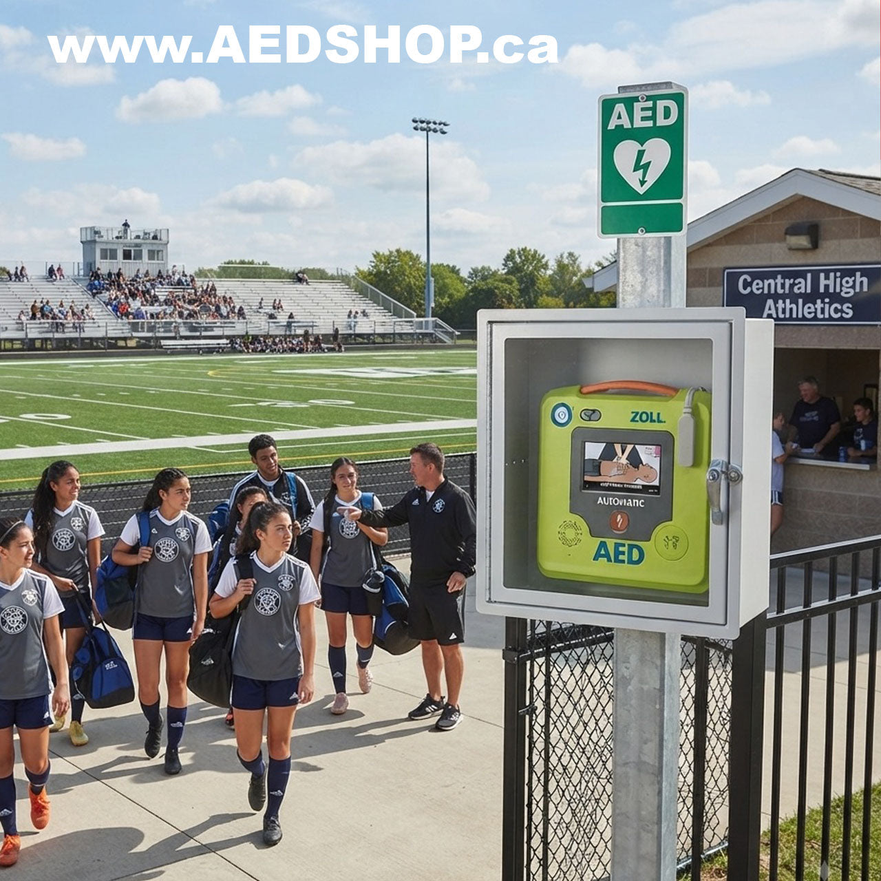 Girls Leaving a soccer Field and passing a ZOLL AED 3 on a post.