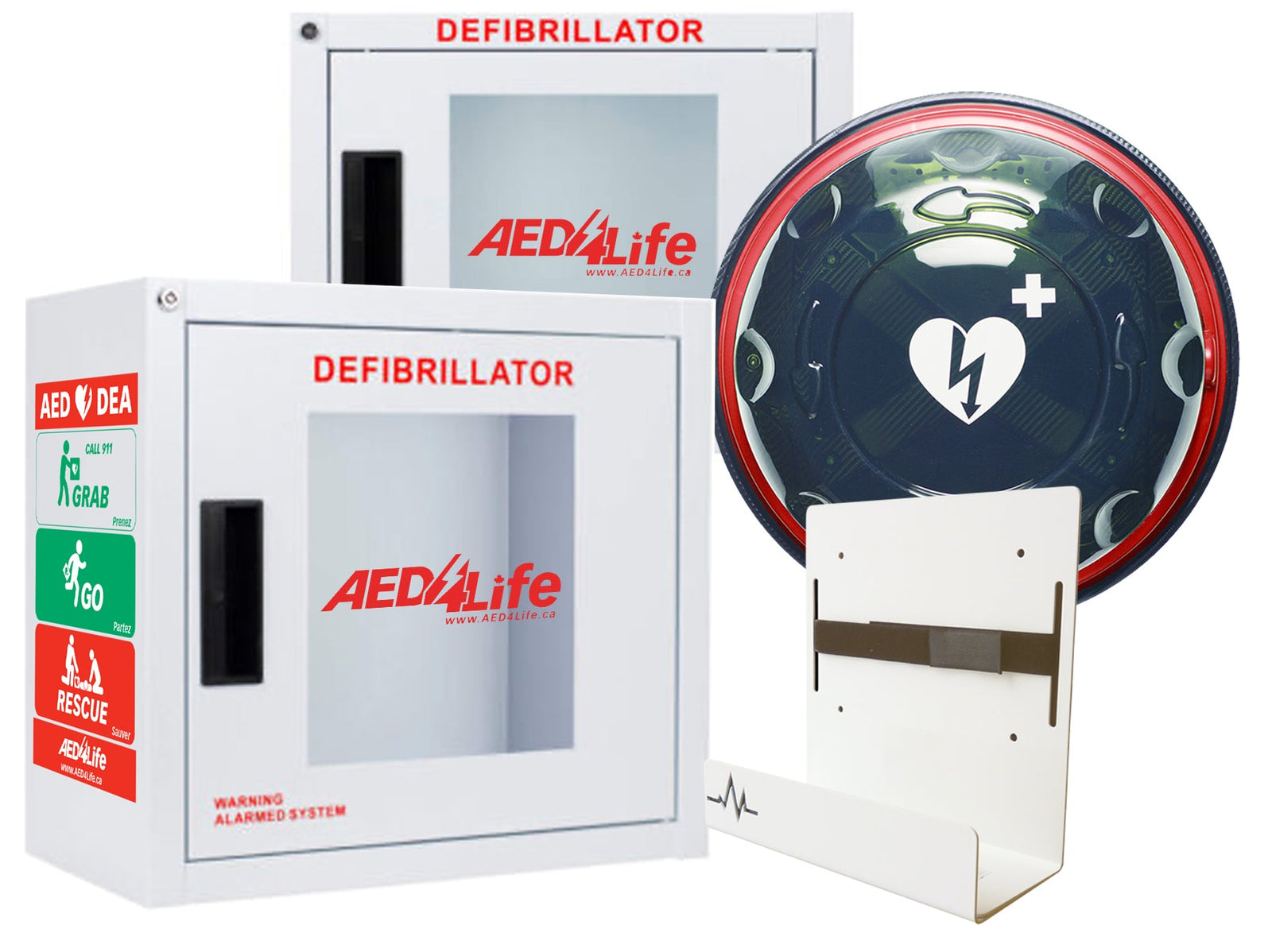 Two white defibrillator cabinets, a round defibrillator sign, and a white wall mount bracket.