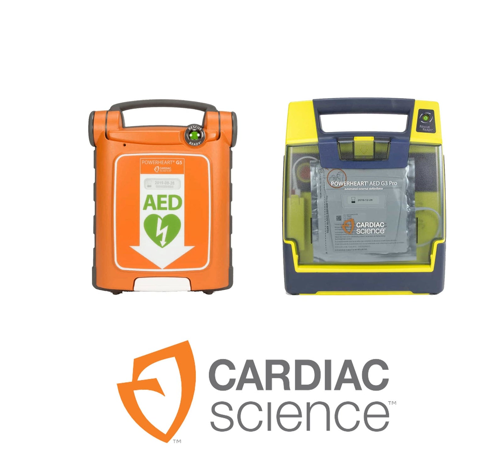 Two AED devices above the Cardiac Science logo with an orange shield and text.