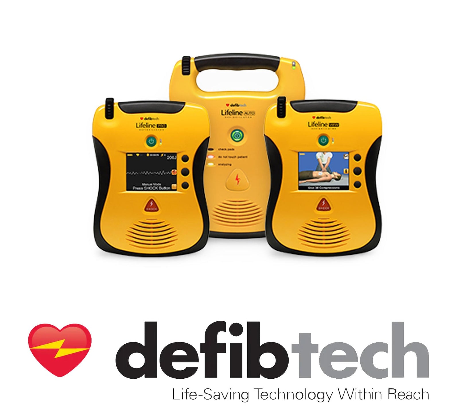 Three yellow defibrillators with the Defibtech logo and tagline "Life-Saving Technology Within Reach" below.