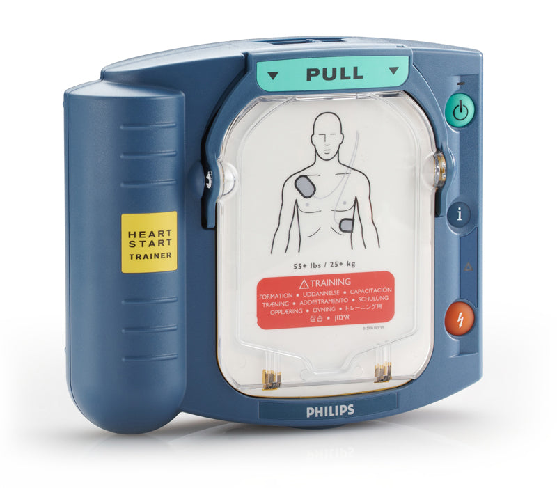 Blue Philips HeartStart Trainer AED with a diagram showing pad placement on a person's chest.