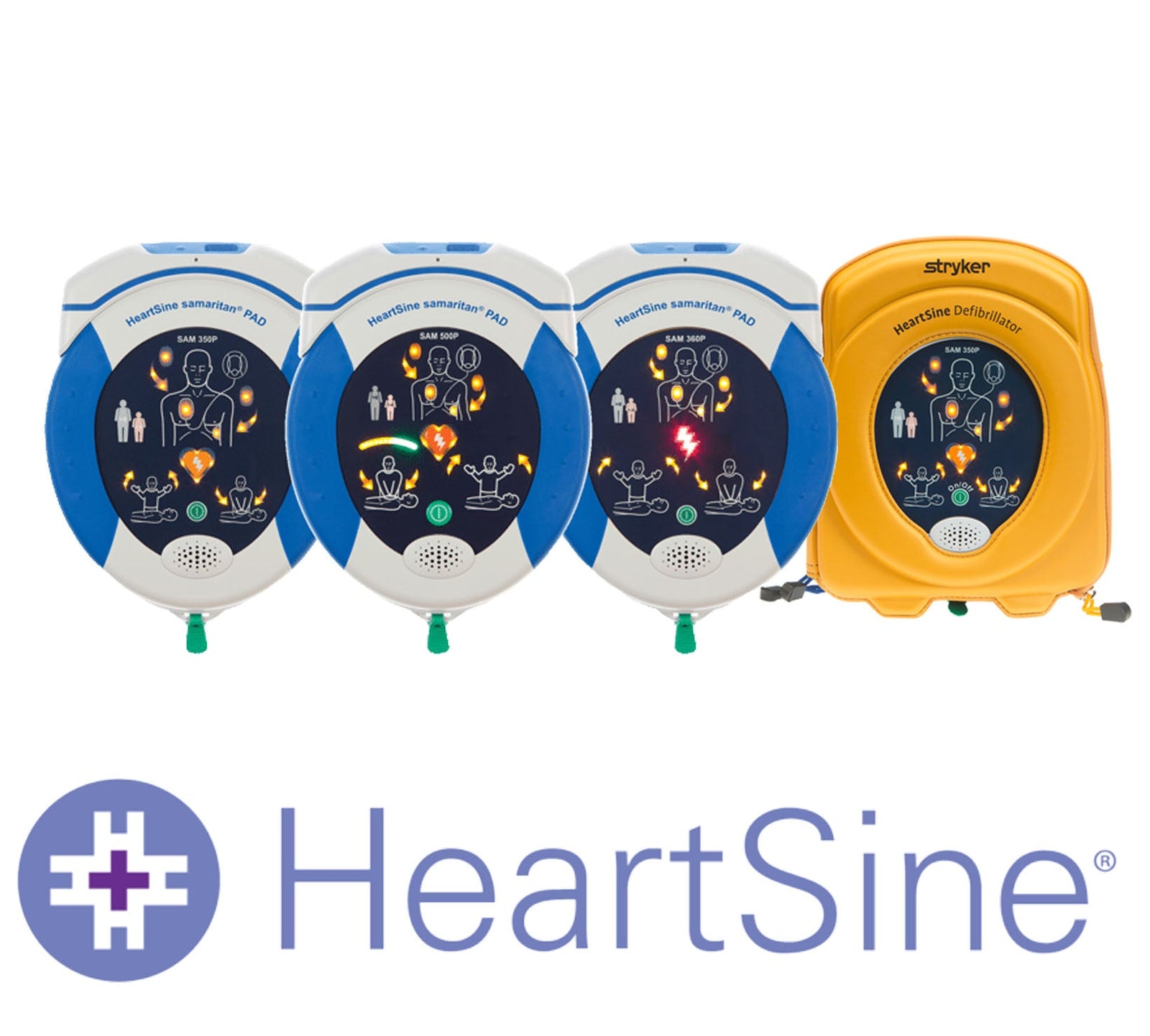 Four defibrillator devices, three blue and one yellow, displayed above the HeartSine logo.