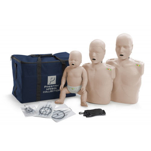 CPR training manikins of adult, child, and infant sizes with a blue carrying bag and training accessories.