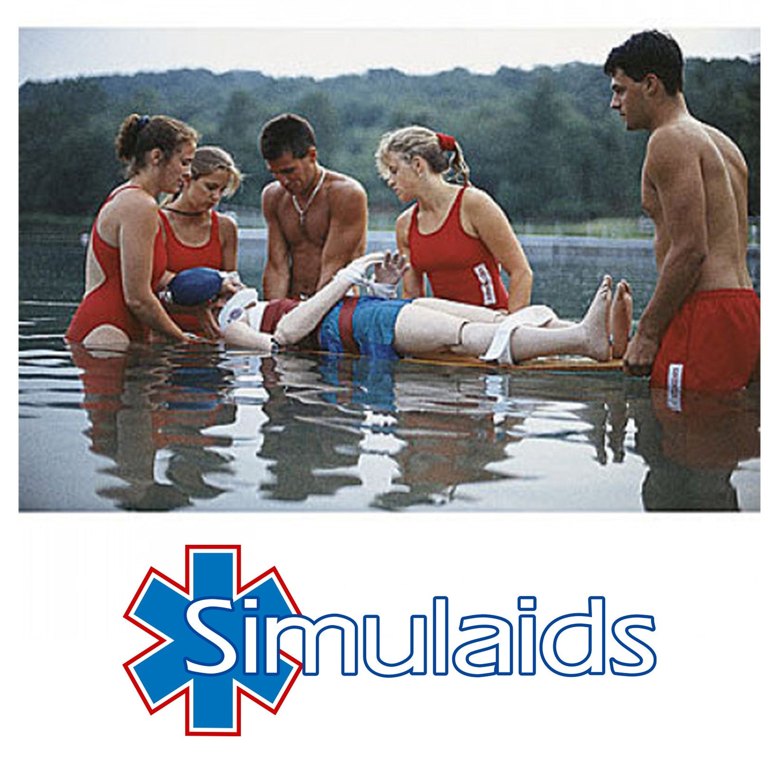 Five lifeguards in red swimsuits practice a water rescue with a training mannequin in a lake.