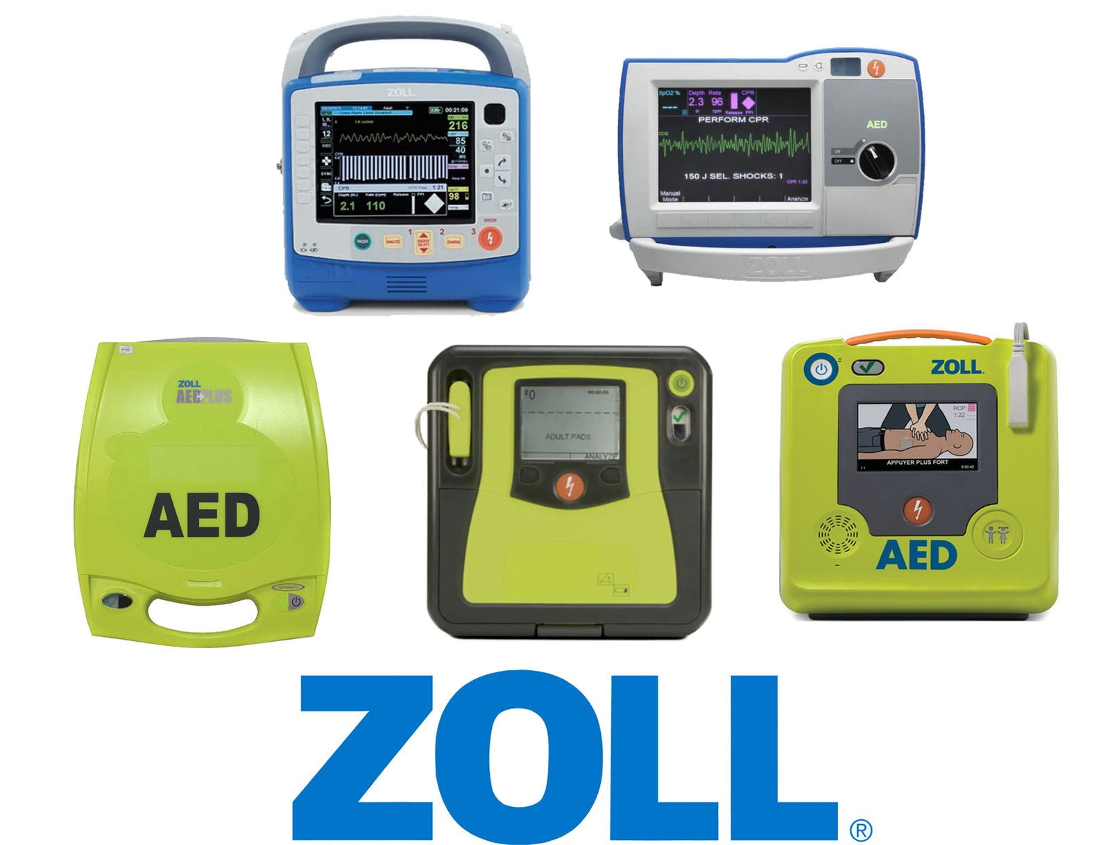 Five different ZOLL AED defibrillator devices displayed above the blue ZOLL logo on a white background.