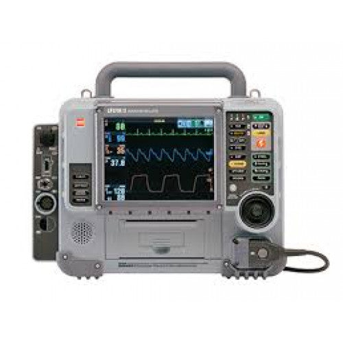 Portable medical defibrillator monitor displaying heart rate and ECG readings on a color screen.