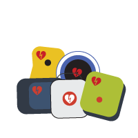 Illustration of assorted AED electrode pads, each with a broken heart symbol, on a plain background.
