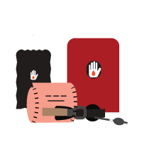 Illustration of first aid items, including a bandage, a tourniquet, and packs with a hand and droplet icon.