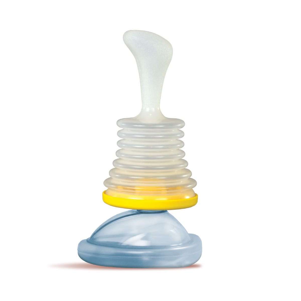 A stack of colorful, translucent toy rings arranged on a base with a curved handle on top.
