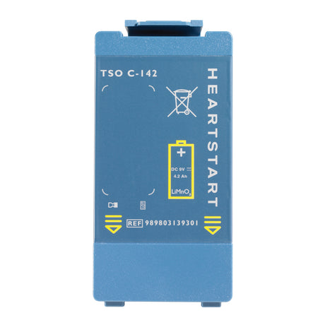 The Phillips FRx AED Replacement 4-Year Battery AVIATION, featuring blue color with yellow graphics and text, is a special order replacement battery specifically designed for Philips FRx Aviation medical devices.