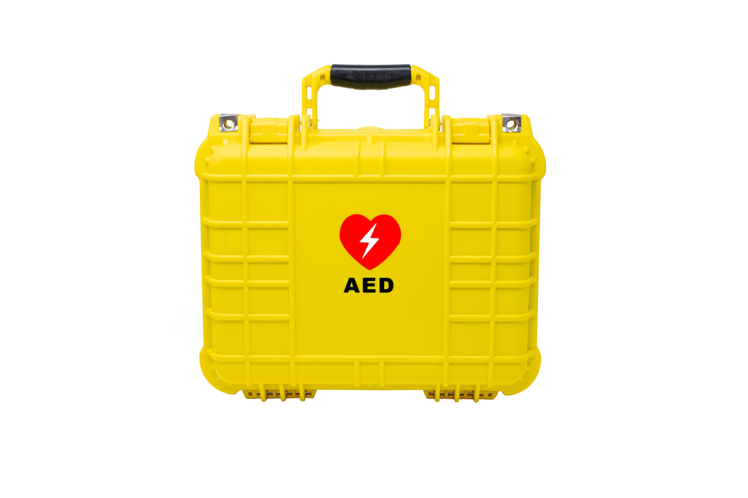 Bright yellow HeartSine Hardshell Carry Case for Heartsine AEDs featuring a red heart and white lightning bolt symbol, isolated on a white background.