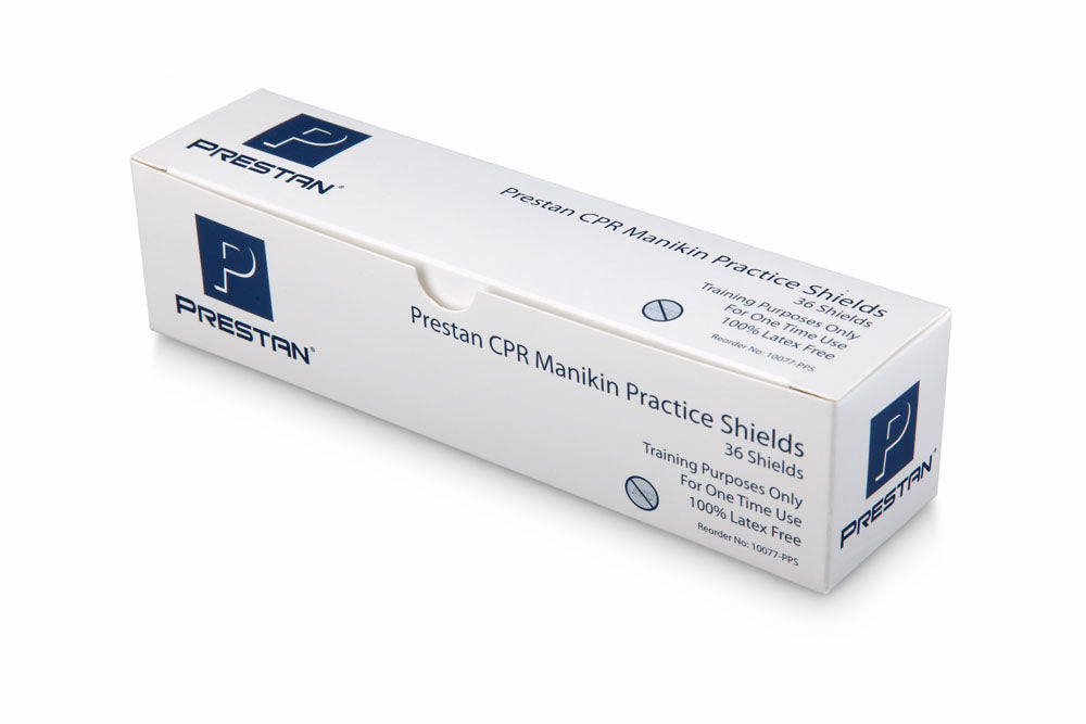 Box of Prestan CPR Practice Shields (36 on roll), crafted for effective CPR training sessions.