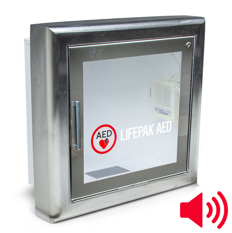 Physio-Control/STRYKER Semi Recessed Wall Cabinet, Stainless Steel with alarm, features a glass door and red sound icon for the audible alarm.