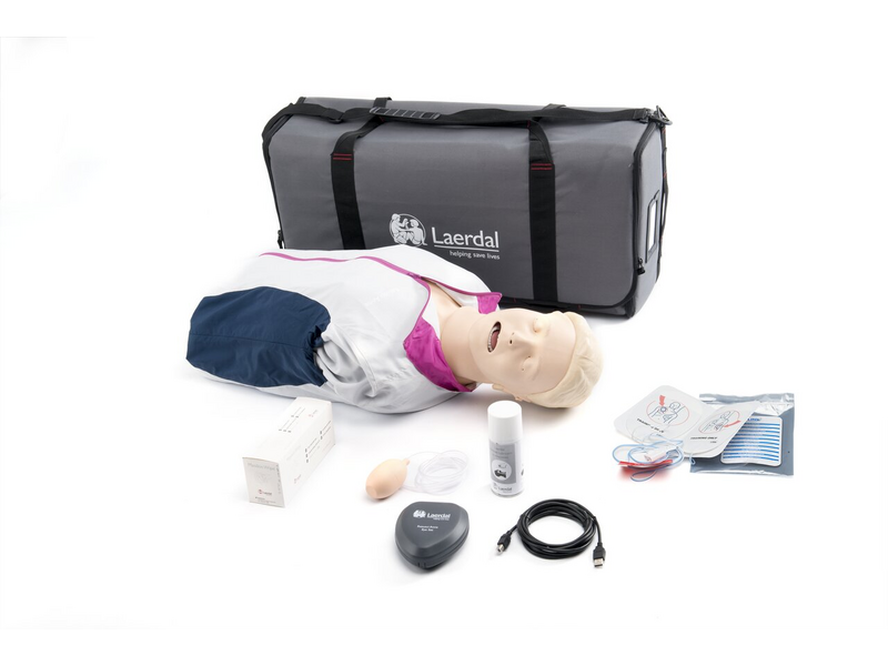 The Resusci Anne QCPR AED AW Torso – Rechargeable by Laerdal is a thorough resuscitation training kit that includes a CPR mannequin, a QCPR device for real-time feedback, defibrillator pads, and a convenient carrying bag.