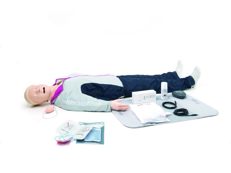 Laerdal's Resusci Anne QCPR AED AW Full Body – Rechargeable, complete with medical accessories, advanced airway management tools, and QCPR device cables on a white background, is ideal for resuscitation team training.