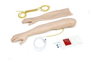 Laerdal's Male Multi-Venous IV Training Arm Kit includes an arm with accessible veins, tubing, an IV setup, and a blood bag for venipuncture practice.