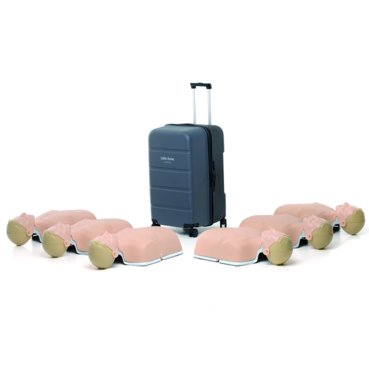 Little Anne Stackable Manikins from Laerdal, crafted from recycled materials, are arranged around a suitcase on wheels, ready to enhance your skills with the assistance of the QCPR app.