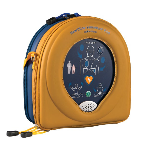 The HeartSine Samaritan 350P ENCORE Series (recertified), enclosed in a yellow case, offers illustrated instructions on the front and comes with the user-friendly Pad-Pak cartridge for effortless use.