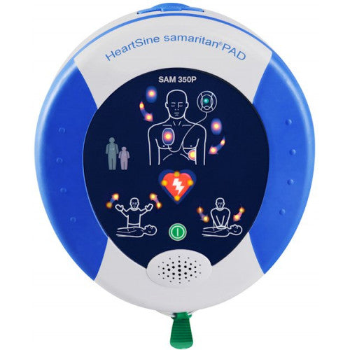 The HeartSine Aviation AED boasts a stylish blue and white casing, with instructional icons on the display, highlighting its state-of-the-art portable defibrillation technology. Its cutting-edge Pad-Pak cartridge allows for straightforward maintenance and rapid response during emergencies.