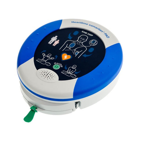 The HeartSine Samaritan 360P - Complete Package by HeartSine features blue accents, instructional icons on the lid, and integrated AED technology, providing a CPR coach for confident assistance during emergencies.