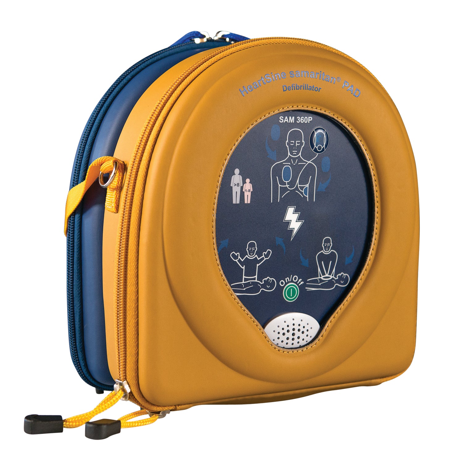 HeartSine Samaritan 360P defibrillator case in orange, featuring icons and text on the front, ideal for portable defibrillation and convenient AED ownership.