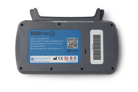 The AEDtrax by The AED Shop features a blue label, barcode, QR code, and white/black product info—perfect for monitoring or GPS tracking with your ZOLL AED 3.