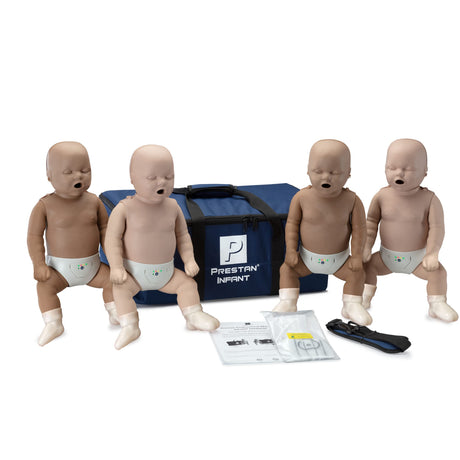 The Prestan Professional Series INFANT Training Manikin 4-Pack from Prestan comes with four infant CPR-AED training manikins, a blue carrying bag, and comprehensive instructional materials.