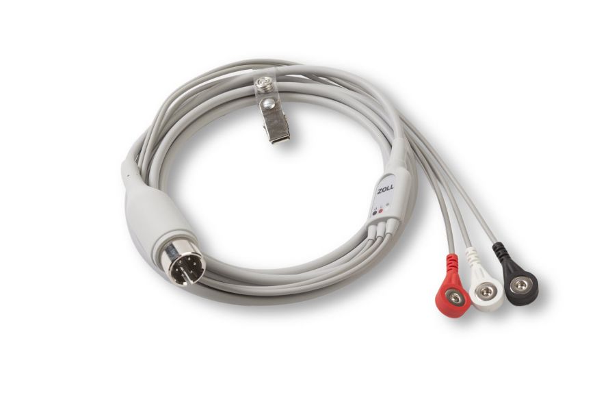 The ZOLL Replacement 3-Lead ECG Patient Cable (6 ft) features a gray medical cable with a metal connector and three color-coded clips—red, white, and black—making it ideal for EMS M Series applications. This product ensures reliable monitoring during critical situations.