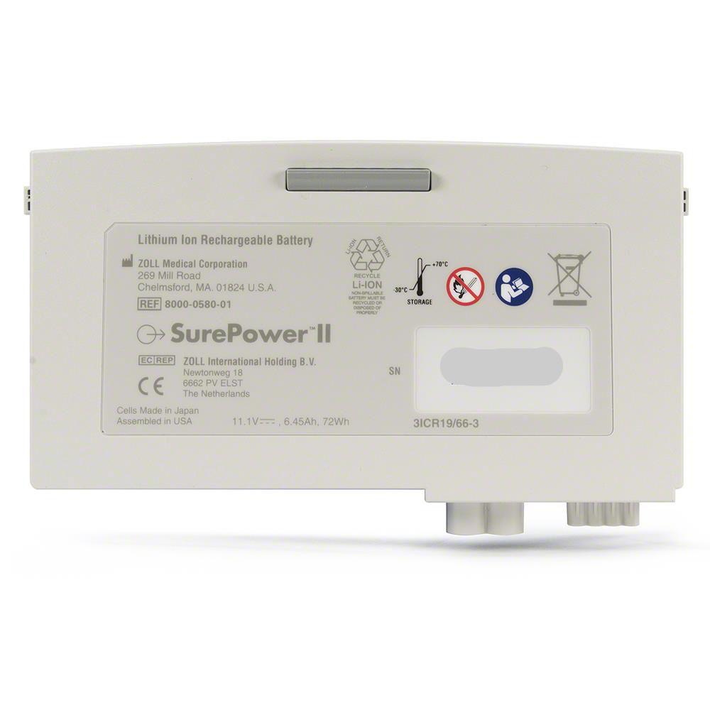 The ZOLL SurePower II Battery, a lithium-ion rechargeable battery compatible with Propaq MD and X Series devices, displays its labels and specifications clearly.