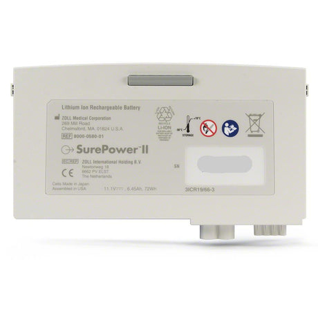 The ZOLL SurePower II Battery, a lithium-ion rechargeable battery compatible with Propaq MD and X Series devices, displays its labels and specifications clearly.