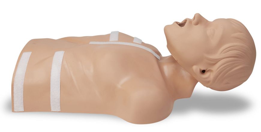 ZOLL AED Plus Demo Manikin torso with white attachment strips, displayed from a side view.