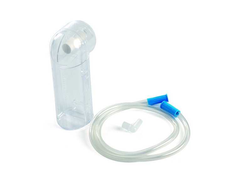 Laerdal's 300 ml Disp. Canister (pack of 5) showcases a transparent inhaler chamber with a white hose, blue connectors, and robust tubing, all displayed on a white background.