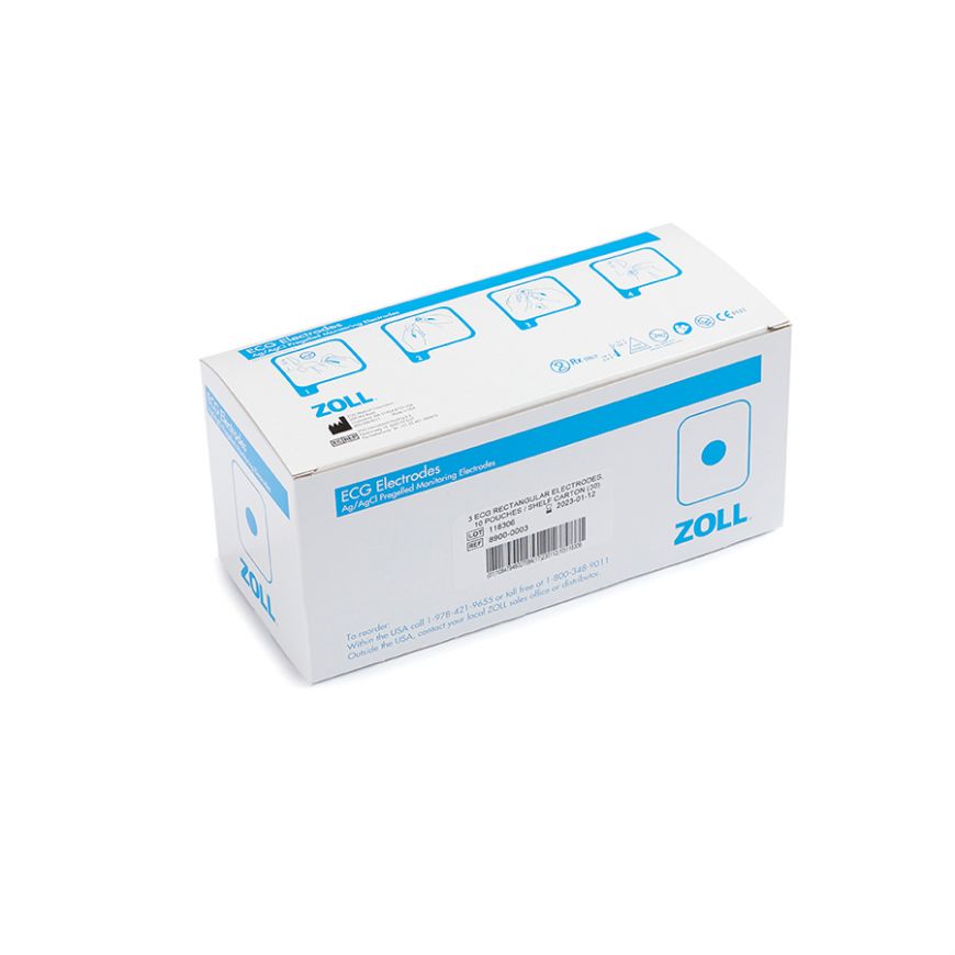 White box of ZOLL ECG Electrodes (200 x3) displays blue lettering and illustrations, crafted with medical-grade adhesive to ensure secure placement. Ideal for emergency situations.