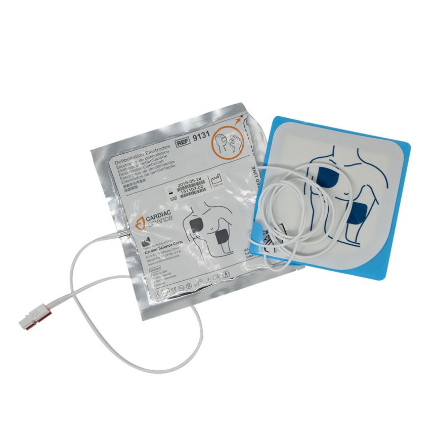 The Cardiac Science G3 AED Defibrillation Pads feature an attached cable and a detailed instructional illustration that clearly indicates the correct chest placement, ensuring you are always prepared for any Cardiac Science emergency.